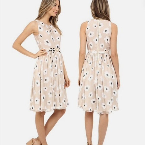 Floral Beige Kate Spade Dress Faye' Feminine Belted 100% Silk Chiffon Dress - Picture 2 of 5